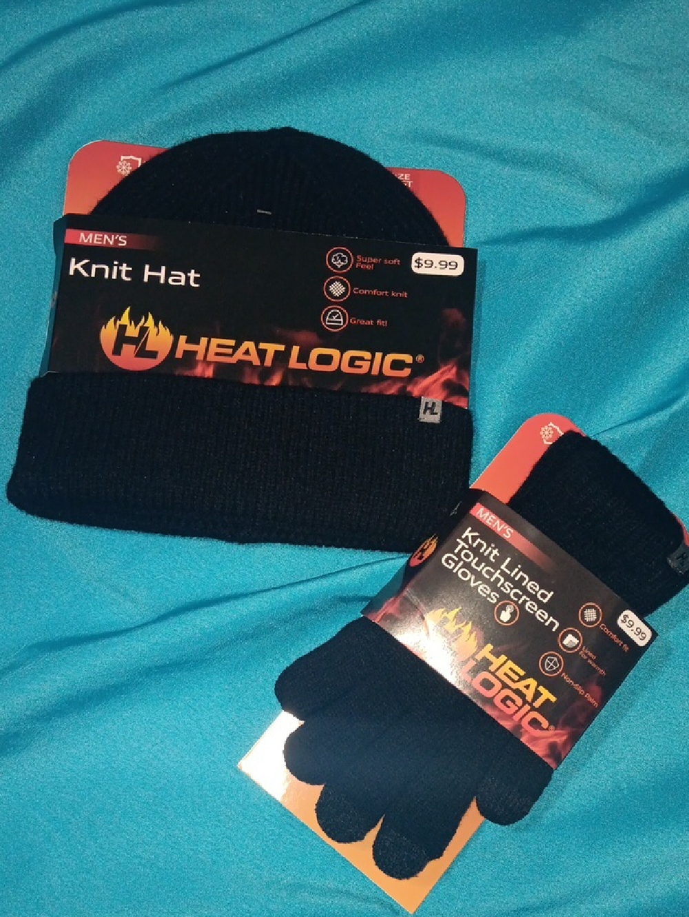 Men's HEAT LOGIC Black Knit Hat and Touchscreen Gloves Set Bundle New!